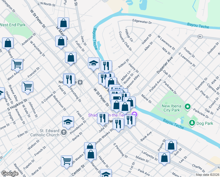 map of restaurants, bars, coffee shops, grocery stores, and more near 200 West Main Street in New Iberia