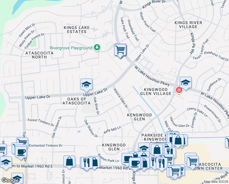 map of restaurants, bars, coffee shops, grocery stores, and more near 19611 Atasca Oaks Drive in Humble
