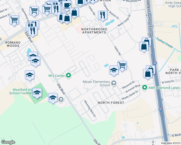 map of restaurants, bars, coffee shops, grocery stores, and more near 16522 Cheshire Grove Lane in Houston