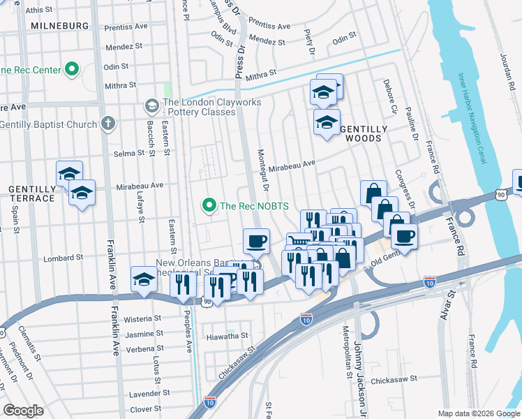 map of restaurants, bars, coffee shops, grocery stores, and more near 4660 Press Drive in New Orleans