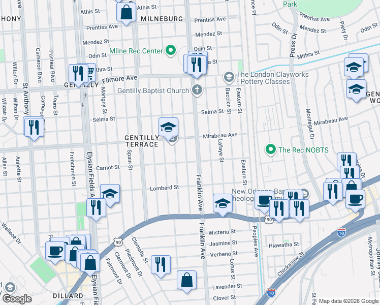 map of restaurants, bars, coffee shops, grocery stores, and more near 4728 Franklin Avenue in New Orleans