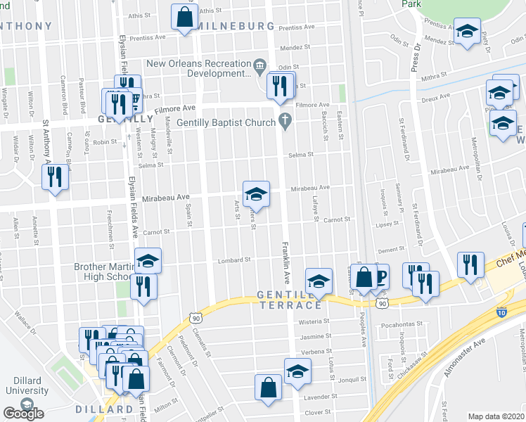map of restaurants, bars, coffee shops, grocery stores, and more near 4723 Painters Street in New Orleans