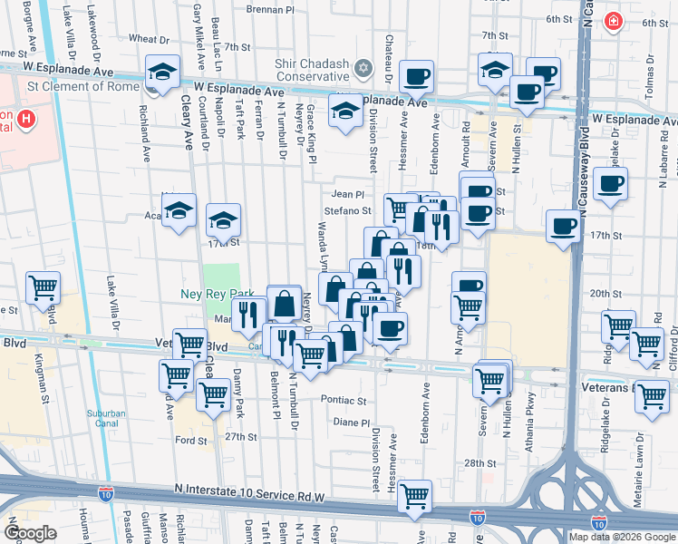 map of restaurants, bars, coffee shops, grocery stores, and more near 3748 Olney Street in Metairie