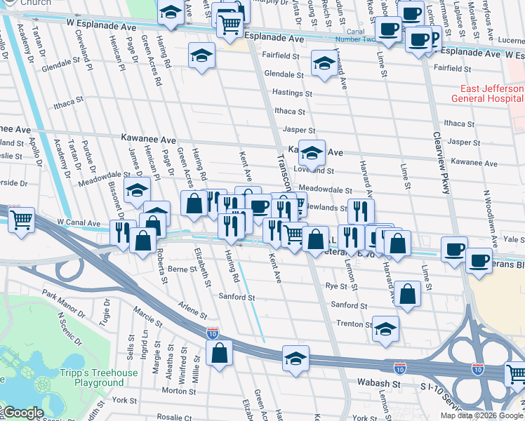 map of restaurants, bars, coffee shops, grocery stores, and more near 3400 Kent Avenue in Metairie