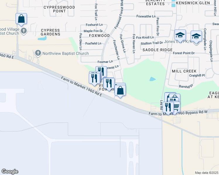 map of restaurants, bars, coffee shops, grocery stores, and more near 7150 Foxbrick Lane in Humble