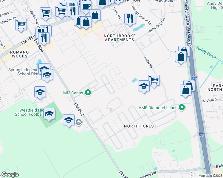 map of restaurants, bars, coffee shops, grocery stores, and more near 16522 Cheshire Grove Lane in Houston