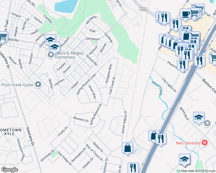 map of restaurants, bars, coffee shops, grocery stores, and more near 181 Fall Creek Drive in Kyle