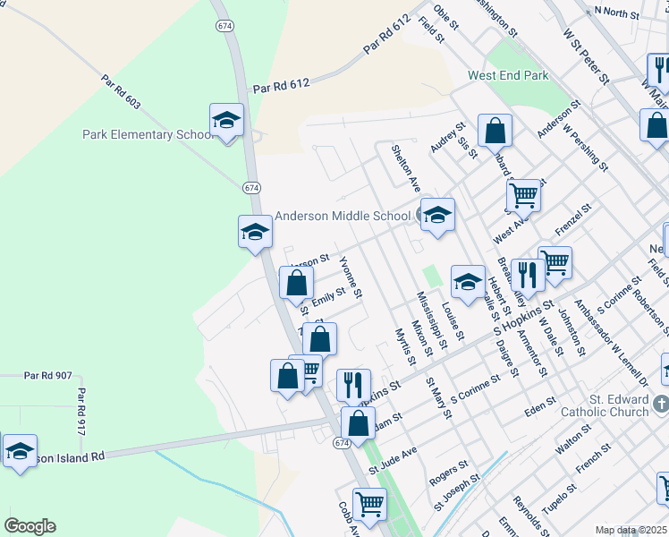 map of restaurants, bars, coffee shops, grocery stores, and more near 1602 Wallace Street in New Iberia