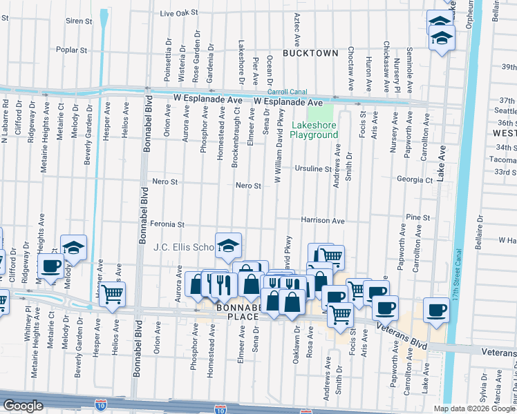 map of restaurants, bars, coffee shops, grocery stores, and more near 924 Sena Drive in Metairie