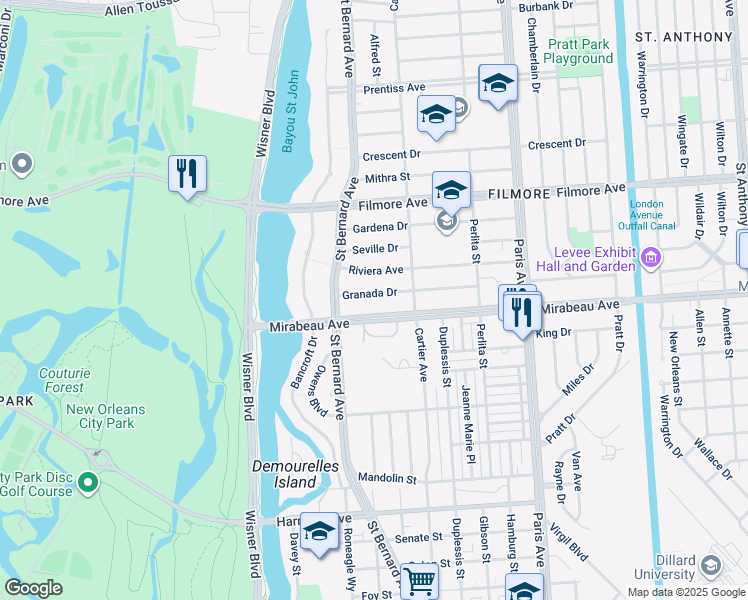 map of restaurants, bars, coffee shops, grocery stores, and more near 1262 Granada Drive in New Orleans