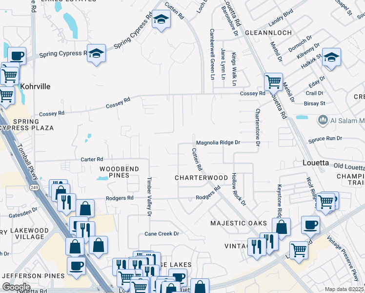 map of restaurants, bars, coffee shops, grocery stores, and more near 9719 Magnolia Ridge Drive in Houston