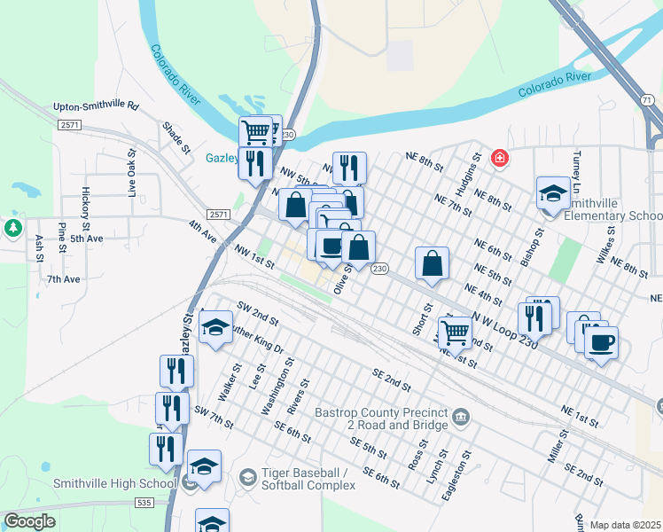 map of restaurants, bars, coffee shops, grocery stores, and more near 200 Main Street in Smithville