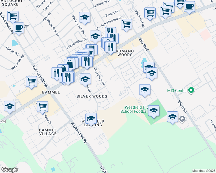 map of restaurants, bars, coffee shops, grocery stores, and more near 15519 Silver Ridge Drive in Houston