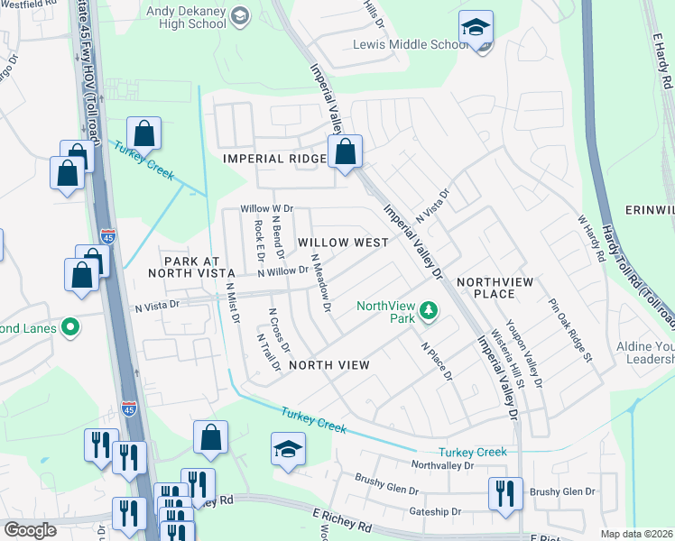map of restaurants, bars, coffee shops, grocery stores, and more near 719 North Vista Drive in Houston