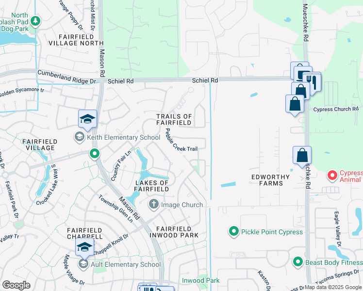 map of restaurants, bars, coffee shops, grocery stores, and more near 15914 Pebble Creek Trail in Cypress