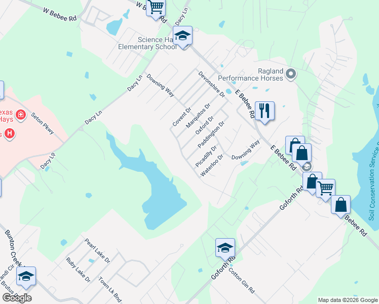 map of restaurants, bars, coffee shops, grocery stores, and more near 446 Paddington Drive in Kyle
