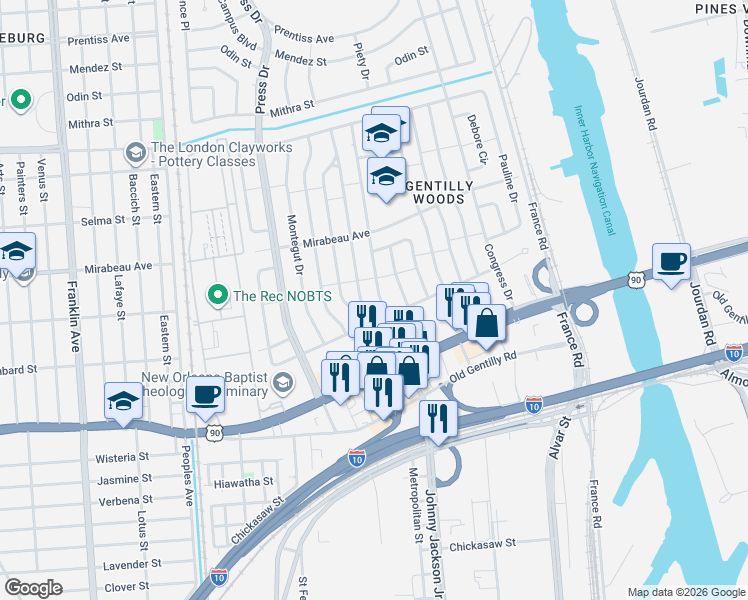 map of restaurants, bars, coffee shops, grocery stores, and more near 4516 Louisa Drive in New Orleans