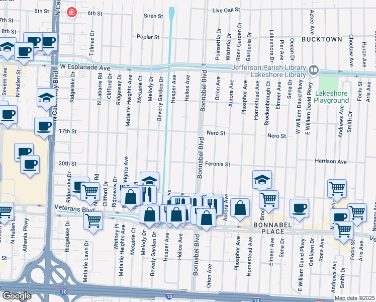 map of restaurants, bars, coffee shops, grocery stores, and more near 1016 Helios Avenue in Metairie