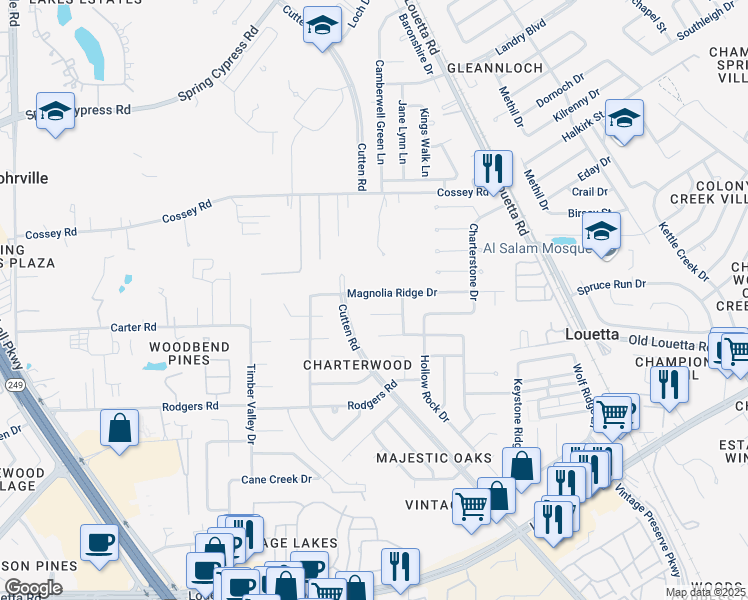 map of restaurants, bars, coffee shops, grocery stores, and more near 9607 Magnolia Ridge Drive in Houston