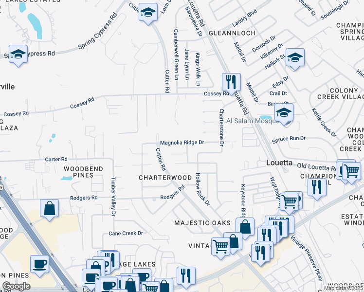 map of restaurants, bars, coffee shops, grocery stores, and more near 9607 Magnolia Ridge Drive in Houston
