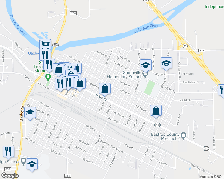map of restaurants, bars, coffee shops, grocery stores, and more near 404 Short Street in Smithville