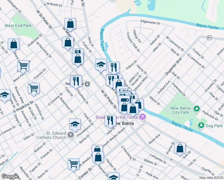 map of restaurants, bars, coffee shops, grocery stores, and more near 232 West Saint Peter Street in New Iberia
