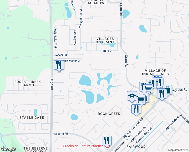 map of restaurants, bars, coffee shops, grocery stores, and more near 14316 Winding Springs Drive in Cypress