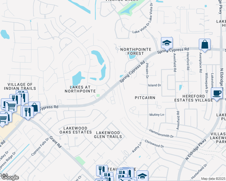 map of restaurants, bars, coffee shops, grocery stores, and more near 13047 Spring Cypress Road in Cypress