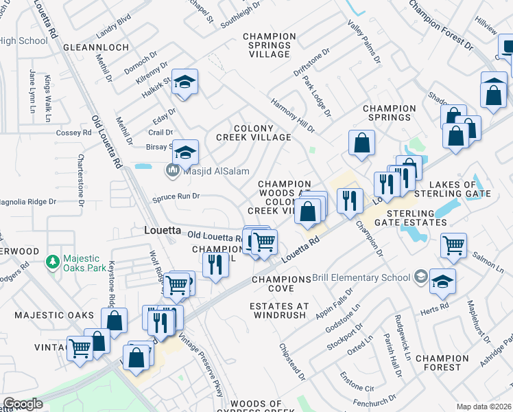 map of restaurants, bars, coffee shops, grocery stores, and more near 9407 Calwood Circle in Spring