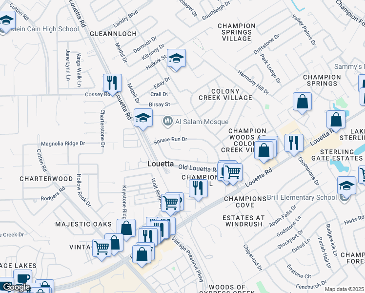 map of restaurants, bars, coffee shops, grocery stores, and more near 17002 Lone Fir Drive in Spring