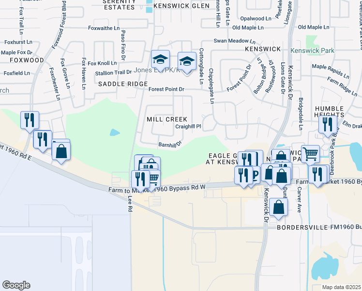 map of restaurants, bars, coffee shops, grocery stores, and more near 8010 Barnhill Drive in Humble
