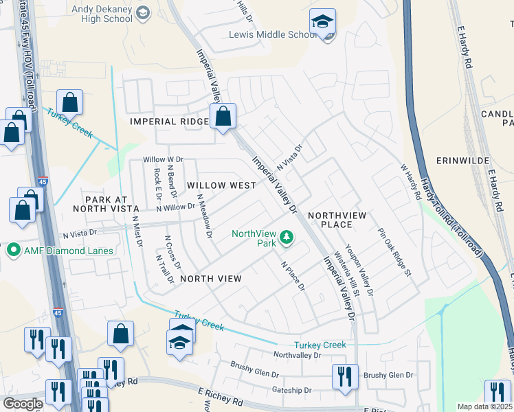 map of restaurants, bars, coffee shops, grocery stores, and more near 919 Oak West Drive in Houston
