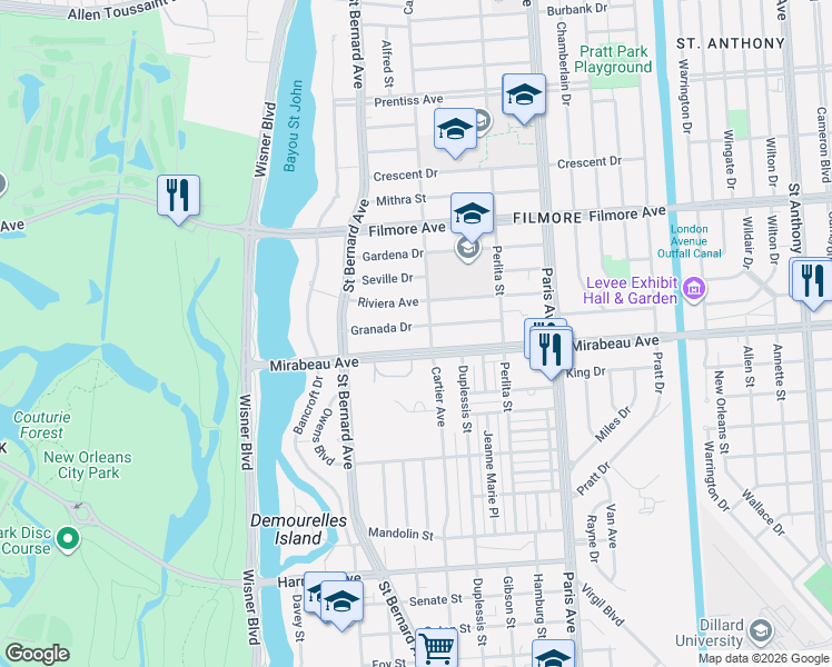 map of restaurants, bars, coffee shops, grocery stores, and more near 4900 Cartier Avenue in New Orleans