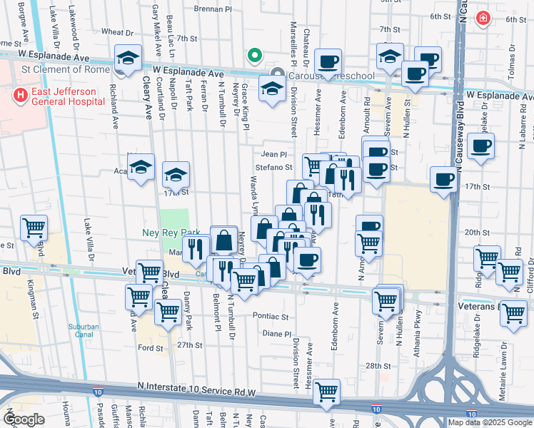 map of restaurants, bars, coffee shops, grocery stores, and more near 3748 Olney Street in Metairie