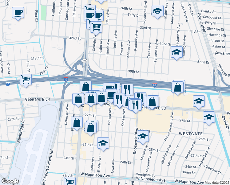 map of restaurants, bars, coffee shops, grocery stores, and more near 2300 Veterans Memorial Boulevard in Kenner