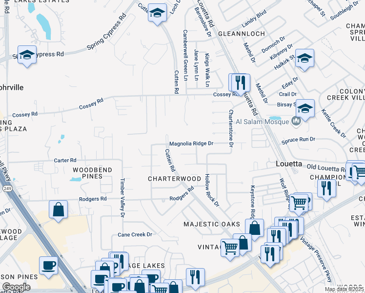 map of restaurants, bars, coffee shops, grocery stores, and more near 9607 Magnolia Ridge Drive in Houston