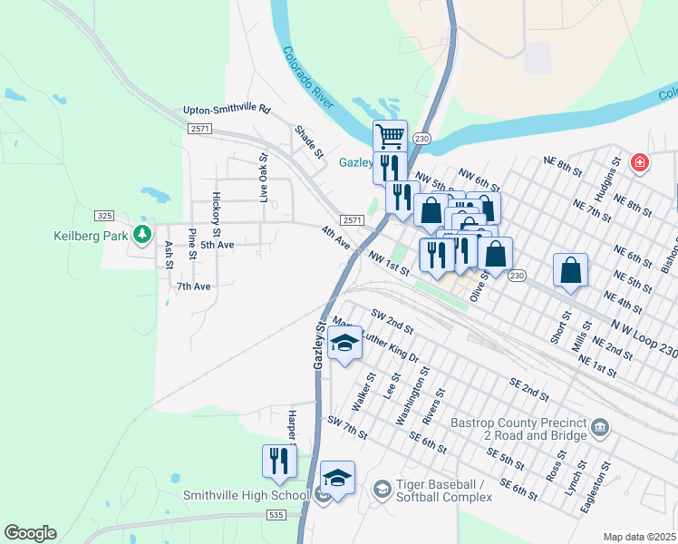 map of restaurants, bars, coffee shops, grocery stores, and more near 112 Gazley Street in Smithville