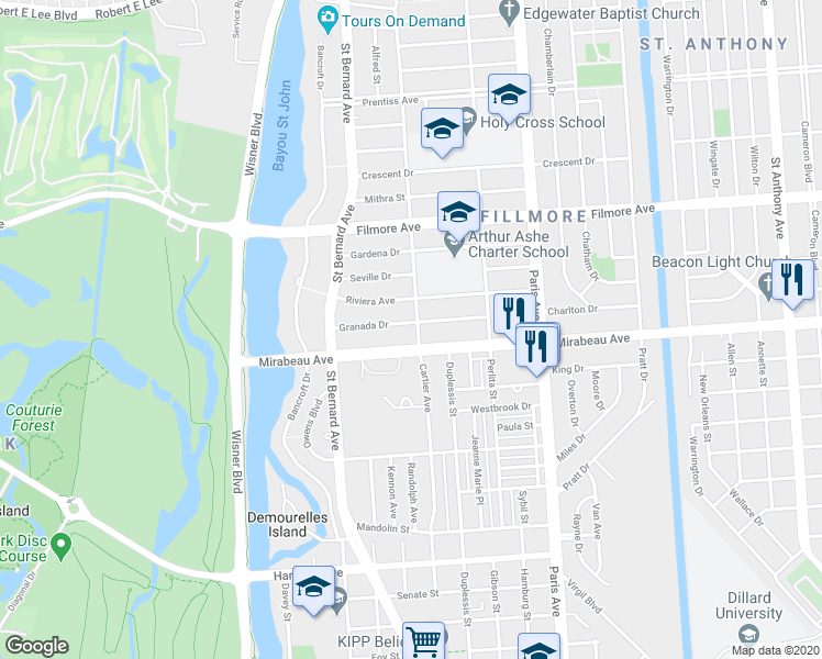 map of restaurants, bars, coffee shops, grocery stores, and more near 4900 Cartier Avenue in New Orleans