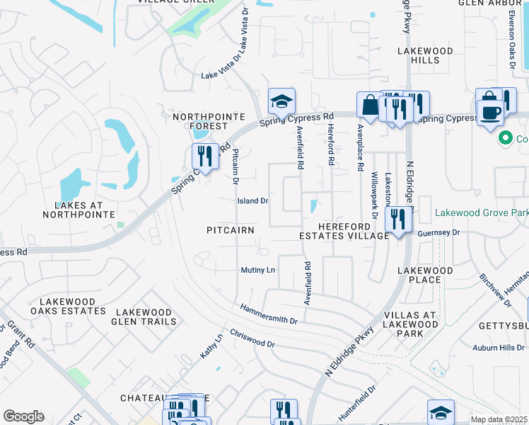 map of restaurants, bars, coffee shops, grocery stores, and more near 16610 Chewton Glen Street in Tomball