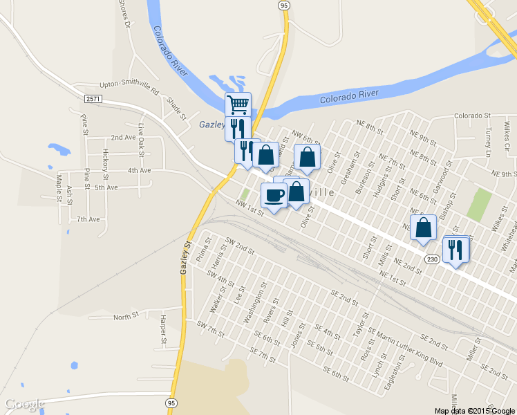 map of restaurants, bars, coffee shops, grocery stores, and more near 206 Northwest 1st Street in Smithville
