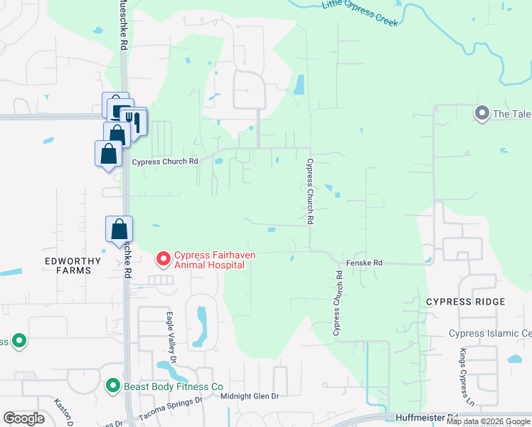 map of restaurants, bars, coffee shops, grocery stores, and more near 19131 Cypress Church Road in Cypress