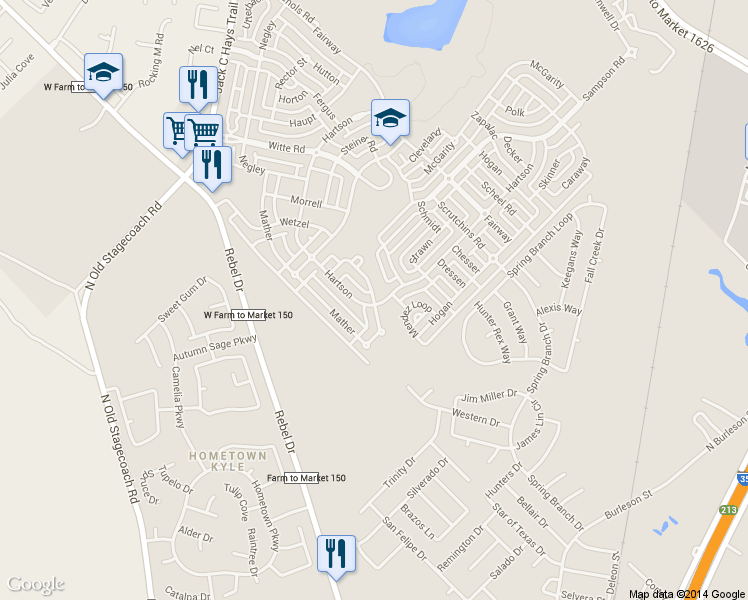 map of restaurants, bars, coffee shops, grocery stores, and more near 4588 Mather in Kyle
