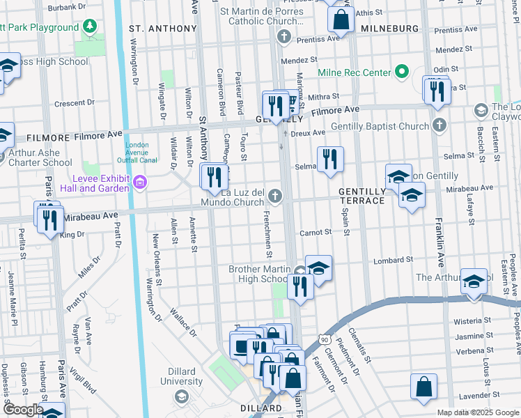 map of restaurants, bars, coffee shops, grocery stores, and more near 2132 Mirabeau Avenue in New Orleans