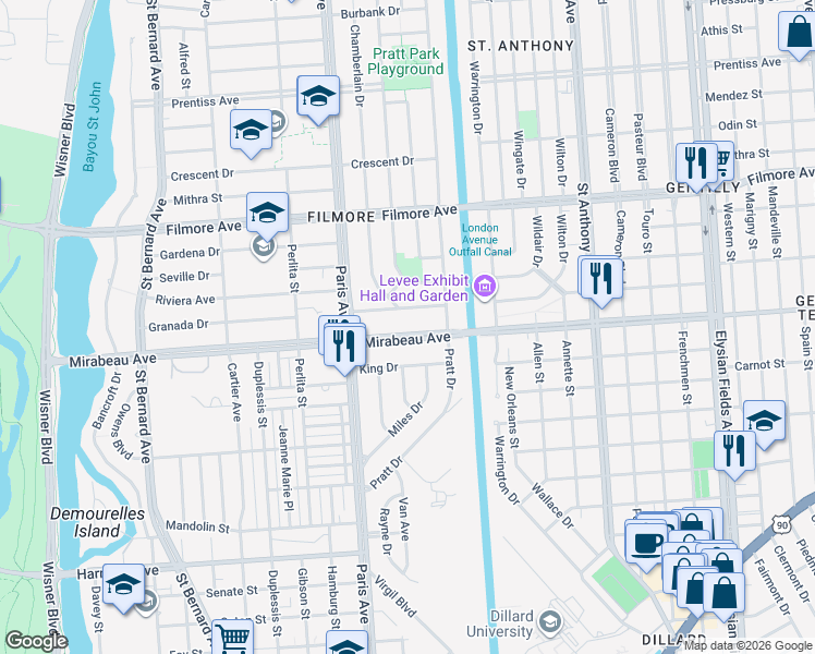 map of restaurants, bars, coffee shops, grocery stores, and more near 1619 Mirabeau Avenue in New Orleans