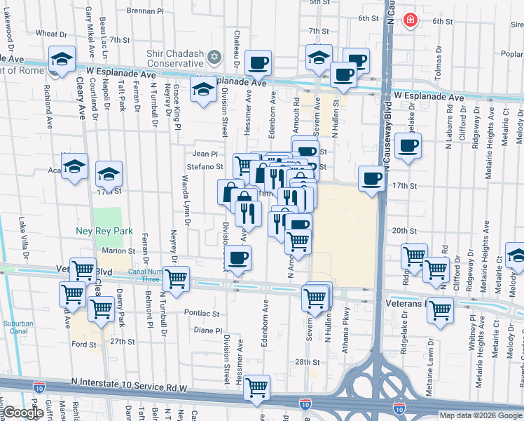 map of restaurants, bars, coffee shops, grocery stores, and more near 3115 Edenborn Avenue in Metairie
