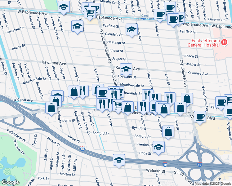 map of restaurants, bars, coffee shops, grocery stores, and more near 5019 Yale Street in Metairie