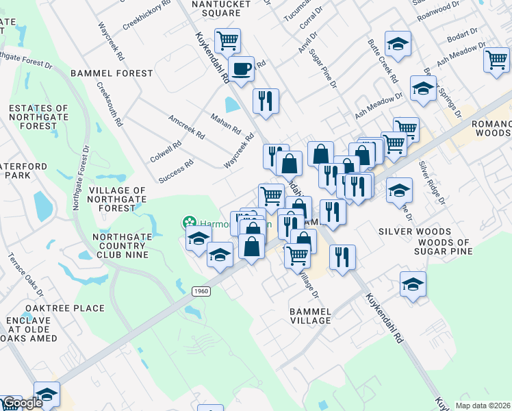 map of restaurants, bars, coffee shops, grocery stores, and more near 15915 Kuykendahl Road in Houston