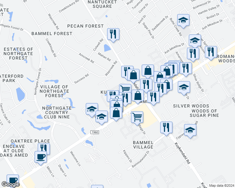 map of restaurants, bars, coffee shops, grocery stores, and more near 15915 Kuykendahl Road in Houston