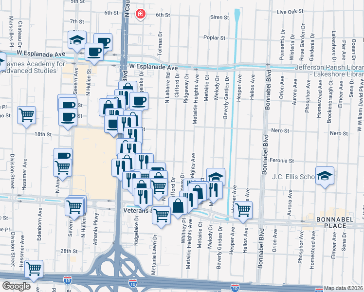 map of restaurants, bars, coffee shops, grocery stores, and more near 3117 Clifford Drive in Metairie