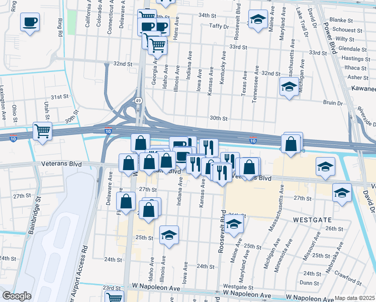 map of restaurants, bars, coffee shops, grocery stores, and more near 2300 Veterans Memorial Boulevard in Kenner